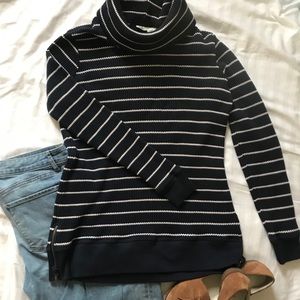 LL Bean Navy Stripe Cowl Neck Waffle Weave Sweater